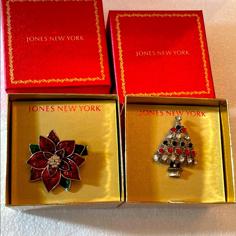 Jones New York Red and Green Holiday Brooch Set of 2